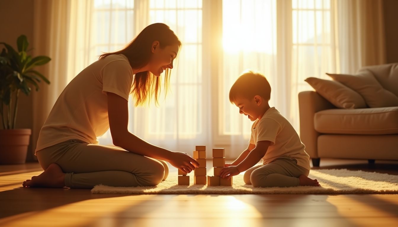 Golden-hour photograph of a patient parent kneeling beside a laughing toddler in a warm sunlit living room β gentle early-years guidance