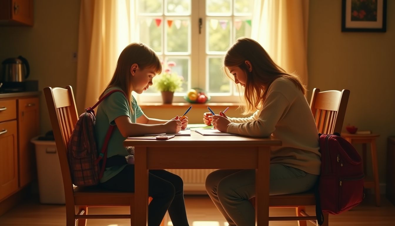 Photograph of two children doing homework at a warm wooden kitchen table while a parent kneels between them, soft afternoon light β school-age and sibling support
