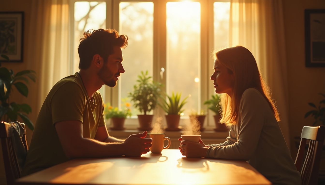 Photograph of a calm parent and a teenage child talking over steaming mugs at a sunlit kitchen table, garden light through the window — teen years and big decisions